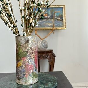 Floral handmade glass vase - sunflowers, butterflies, tulips, lilacs, poppies